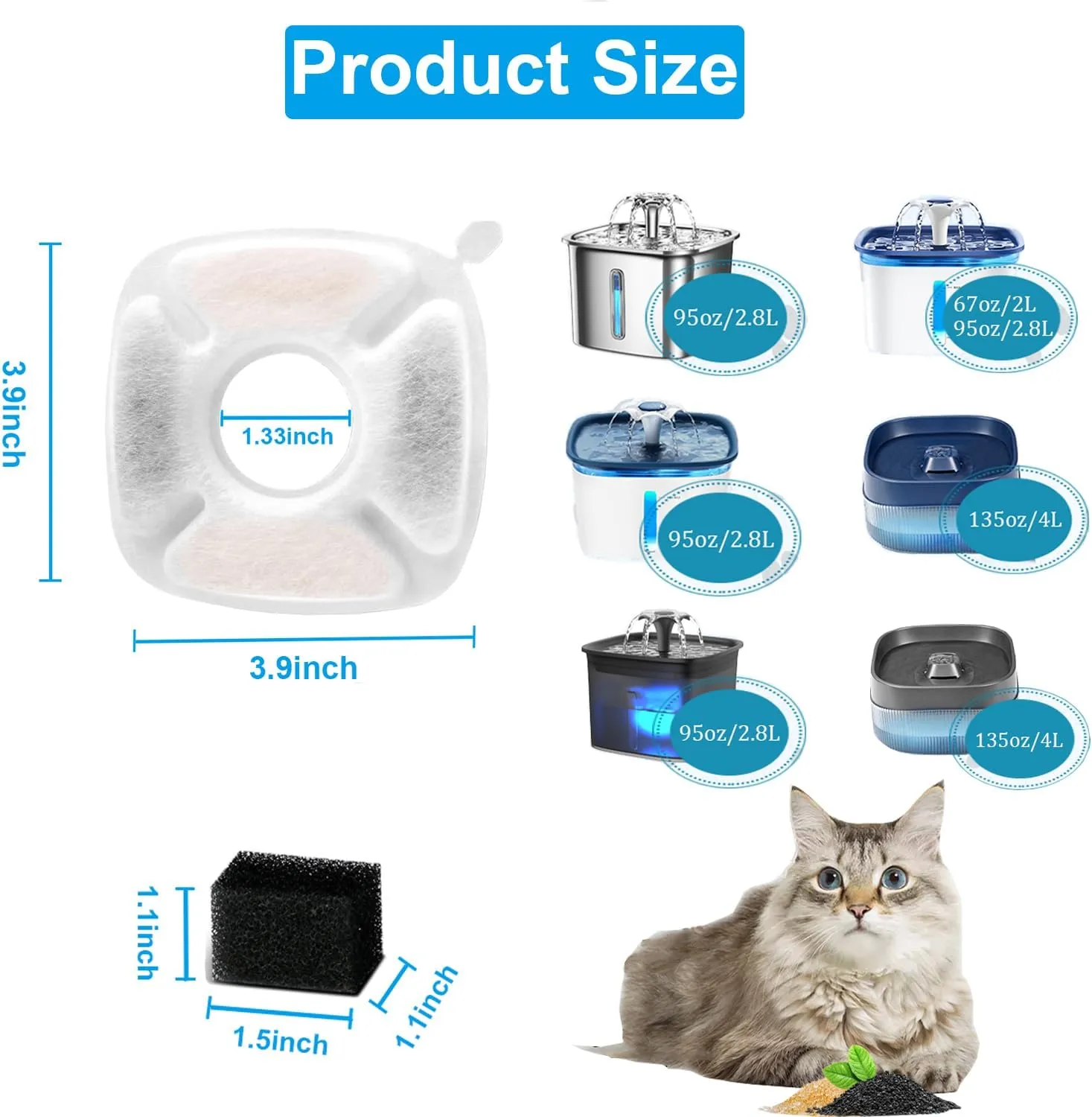 12Pack Cat Water Fountain Filter For Veken Water Fountain 67oz/2L, 95oz/2.8L,135oz/4L, Pet Cat Fountain Filter Replacement, with Pre-Filter Sponges for Veken Water Fountain Filters Cat Water Dispenser