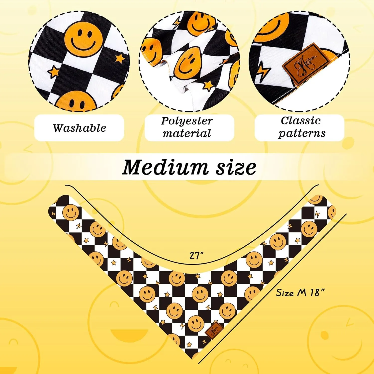 2Pcs Choose Happy Smile Face Dog Bandana Boho Black White Checkered Fabric Pet Scarf Mediums Sizes Adjustable Pet Neckerchief Dog Bibs for Costume Accessories