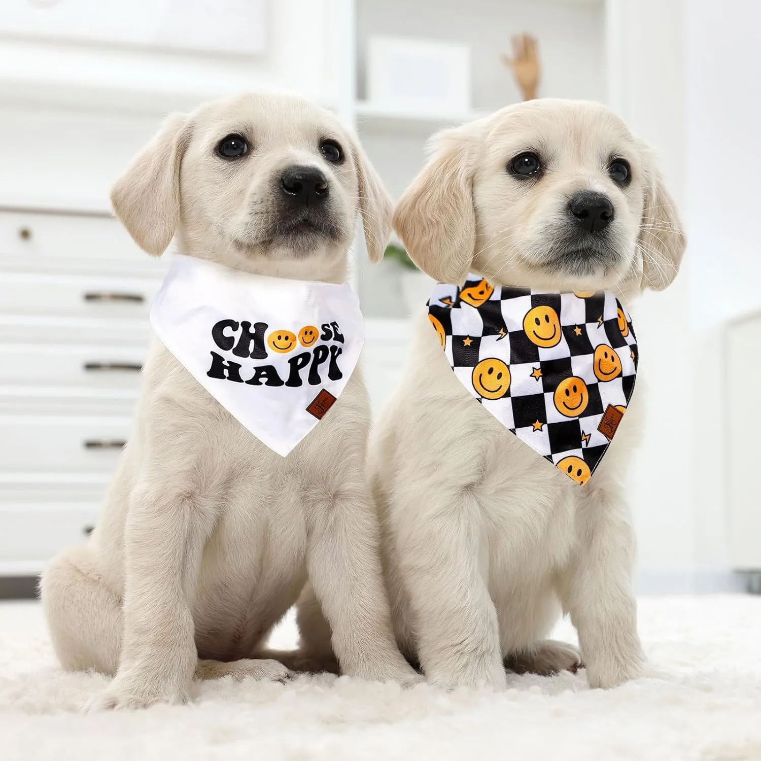 2Pcs Choose Happy Smile Face Dog Bandana Boho Black White Checkered Fabric Pet Scarf Mediums Sizes Adjustable Pet Neckerchief Dog Bibs for Costume Accessories