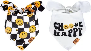 2Pcs Choose Happy Smile Face Dog Bandana Boho Black White Checkered Fabric Pet Scarf Mediums Sizes Adjustable Pet Neckerchief Dog Bibs for Costume Accessories