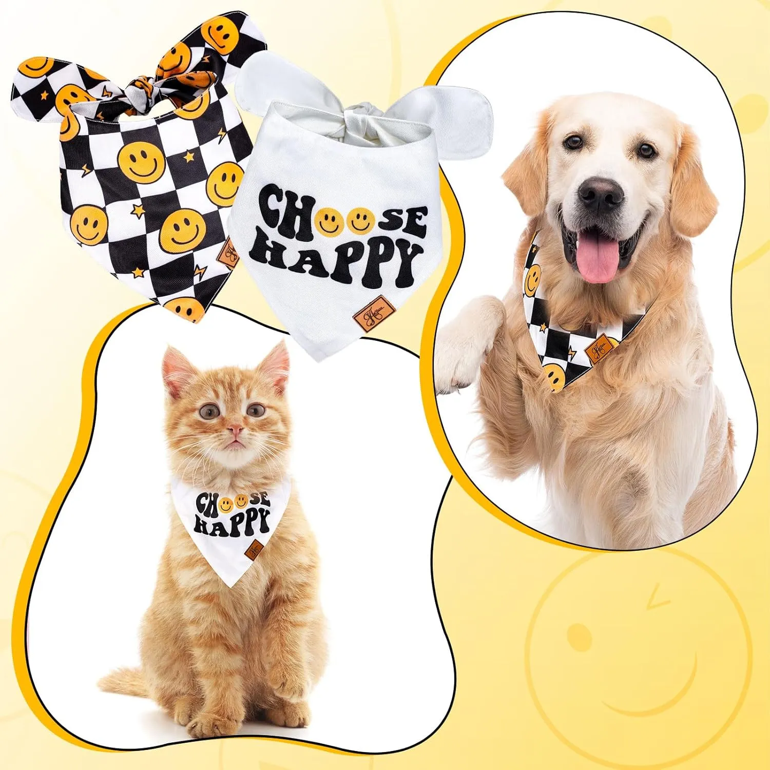 2Pcs Choose Happy Smile Face Dog Bandana Boho Black White Checkered Fabric Pet Scarf Mediums Sizes Adjustable Pet Neckerchief Dog Bibs for Costume Accessories