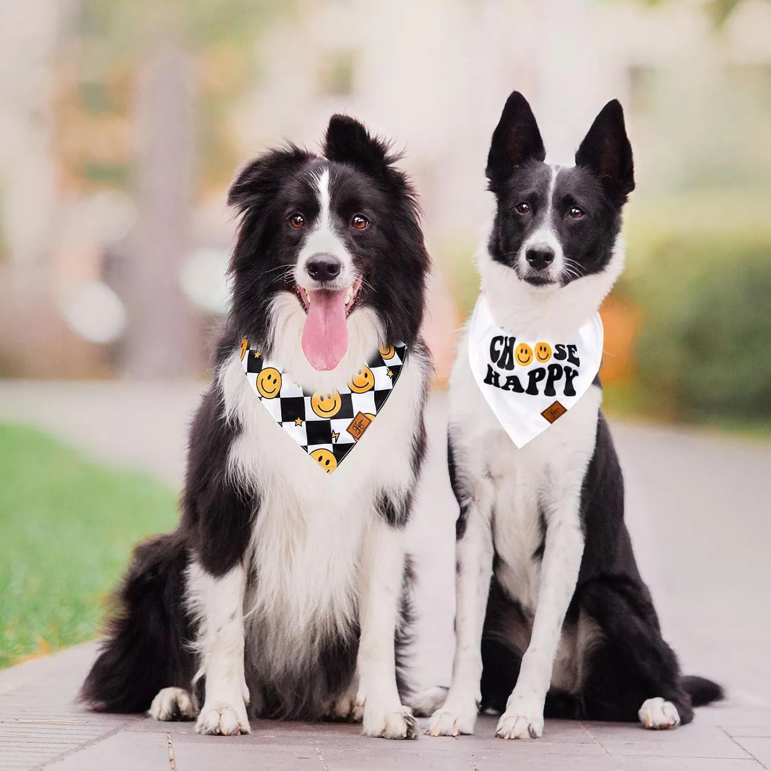 2Pcs Choose Happy Smile Face Dog Bandana Boho Black White Checkered Fabric Pet Scarf Mediums Sizes Adjustable Pet Neckerchief Dog Bibs for Costume Accessories
