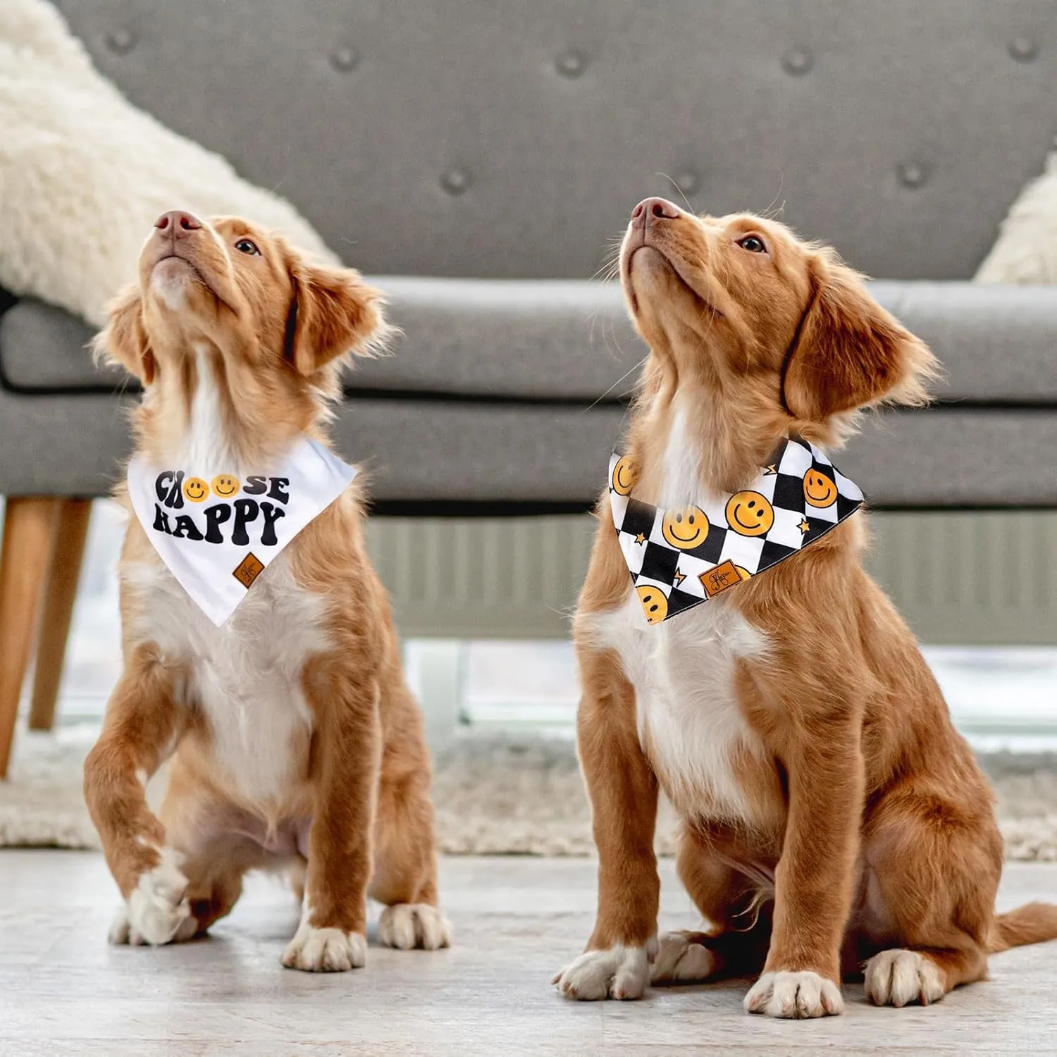 2Pcs Choose Happy Smile Face Dog Bandana Boho Black White Checkered Fabric Pet Scarf Mediums Sizes Adjustable Pet Neckerchief Dog Bibs for Costume Accessories