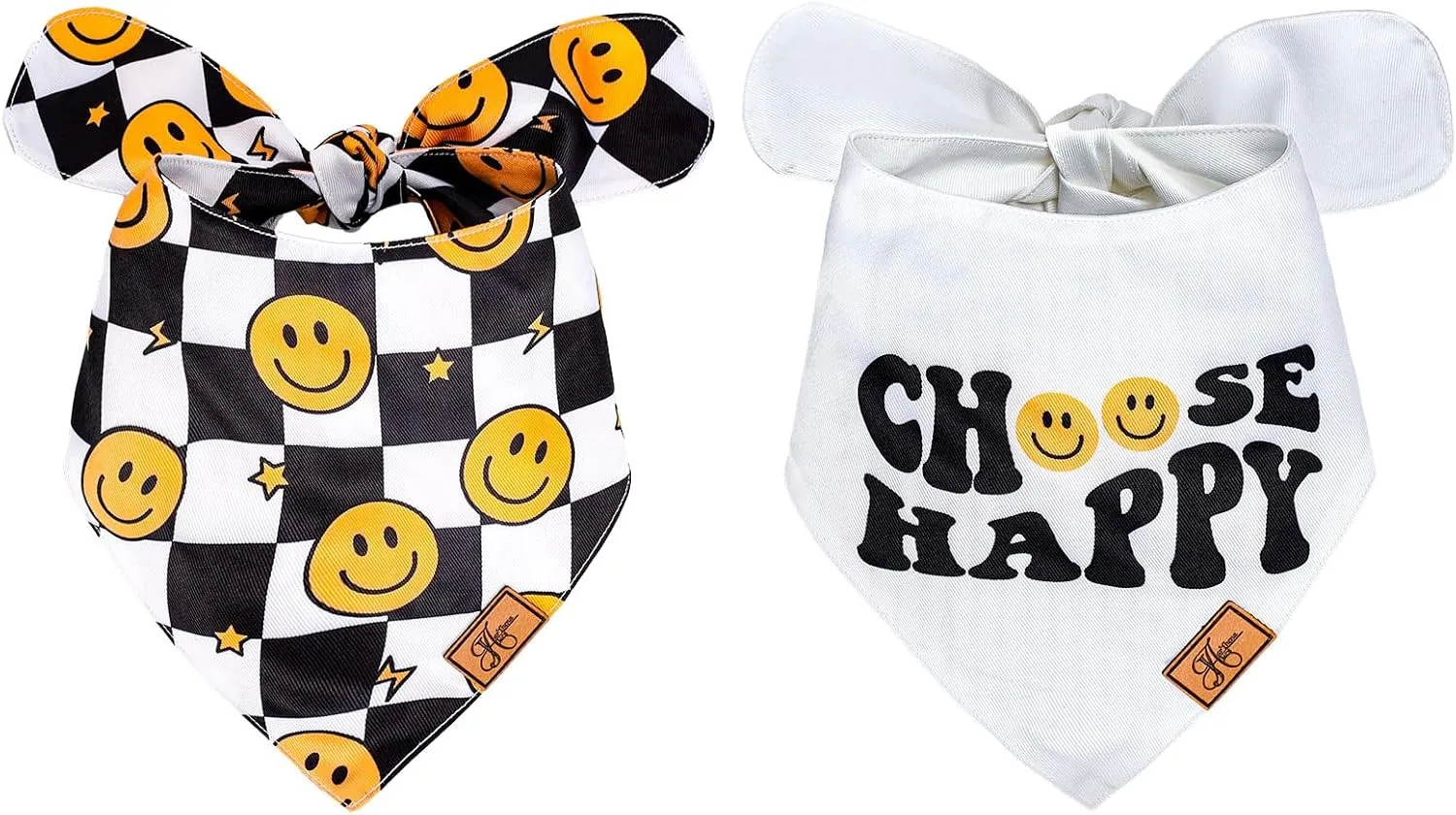 2Pcs Choose Happy Smile Face Dog Bandana Boho Black White Checkered Fabric Pet Scarf Mediums Sizes Adjustable Pet Neckerchief Dog Bibs for Costume Accessories