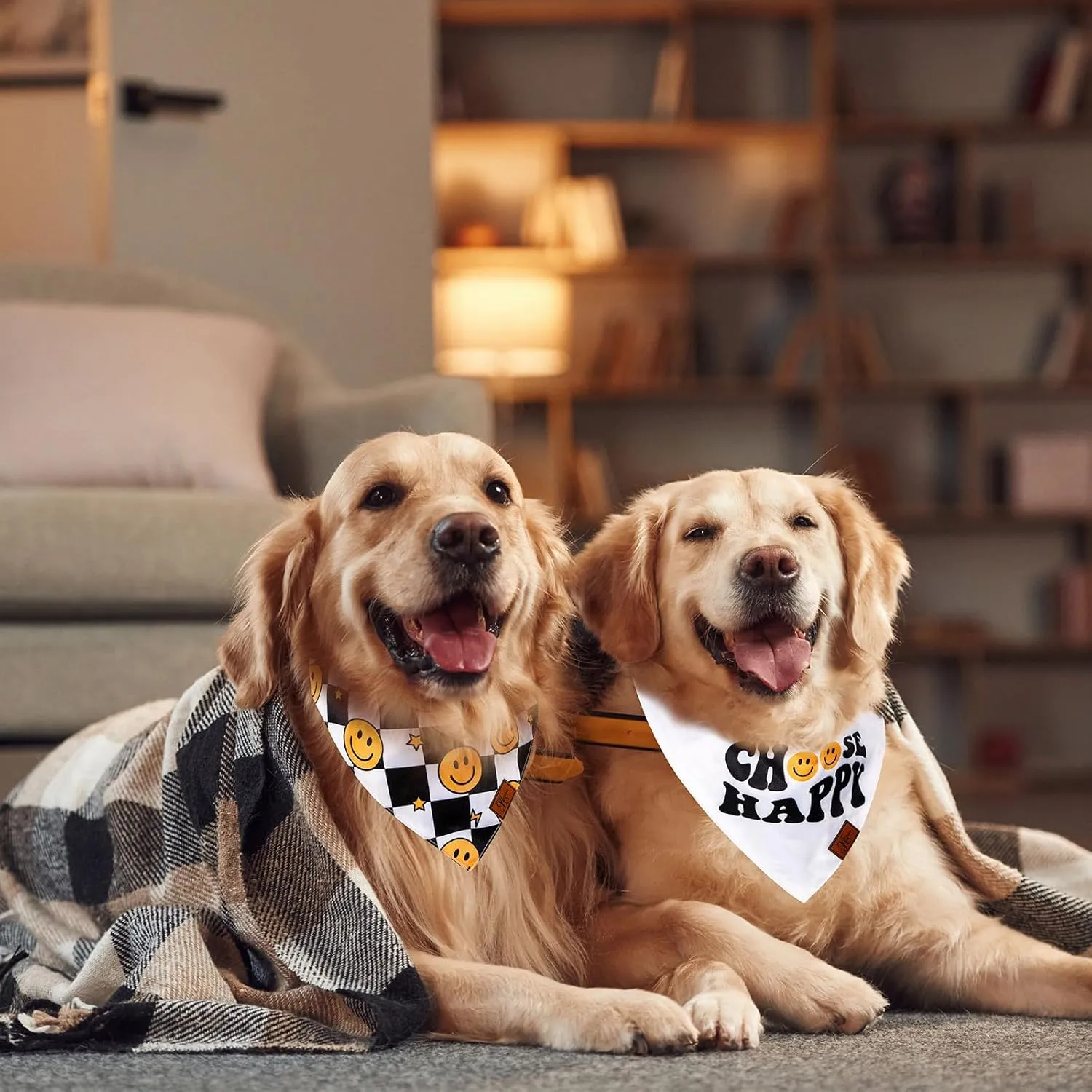2Pcs Choose Happy Smile Face Dog Bandana Boho Black White Checkered Fabric Pet Scarf Mediums Sizes Adjustable Pet Neckerchief Dog Bibs for Costume Accessories