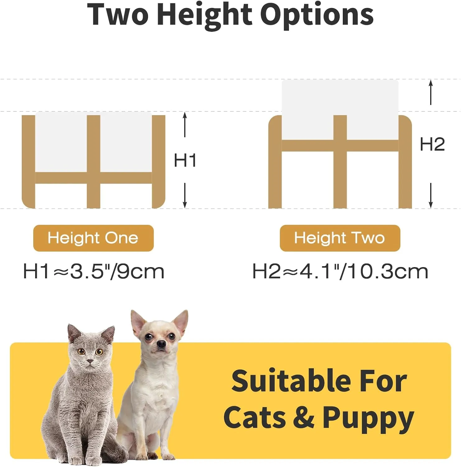 5.1" Raised Ceramic Pet Bowl Set, Two Dog Dishes with 2-Height Adjustable Stand, Elevated Food & Water Bowls for Toy Breed Dogs, Cats, Protects Cervical Spine (Double Bowls   Stand - White, 5.1 inch)