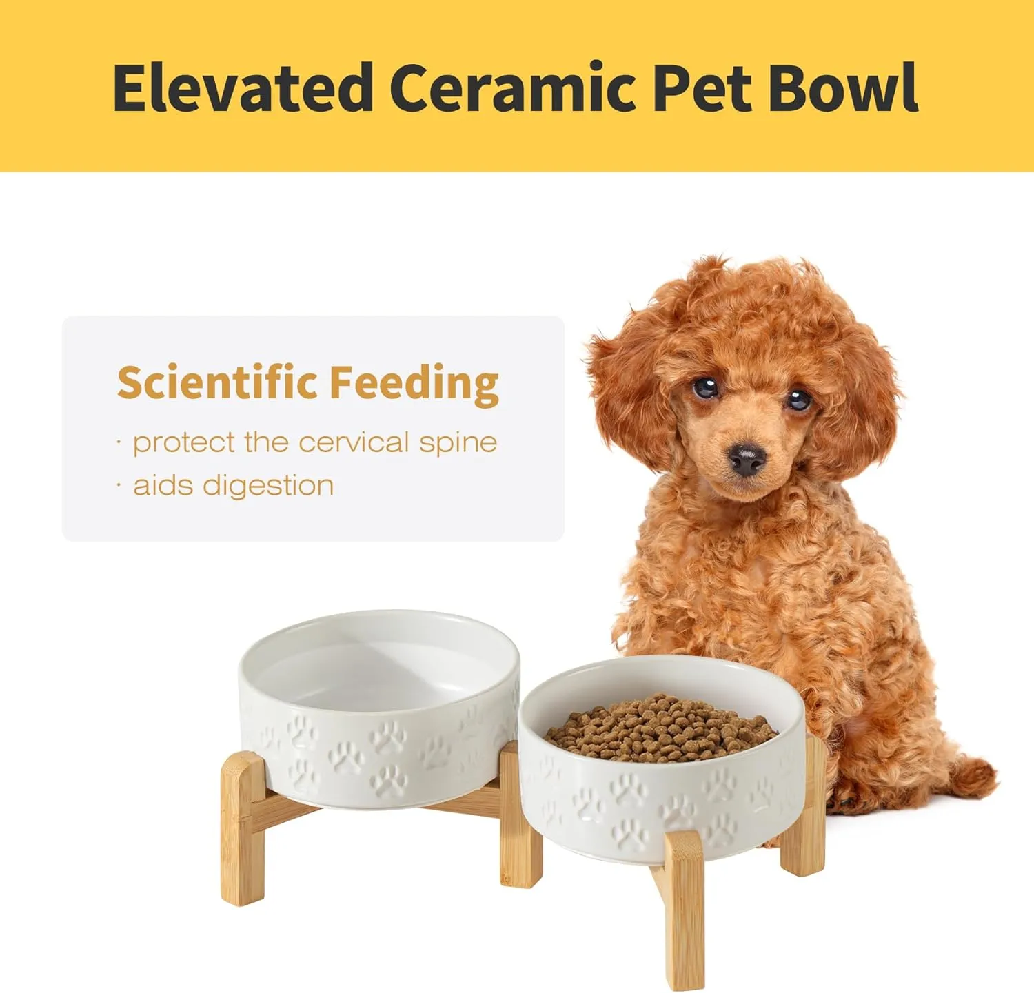 5.1" Raised Ceramic Pet Bowl Set, Two Dog Dishes with 2-Height Adjustable Stand, Elevated Food & Water Bowls for Toy Breed Dogs, Cats, Protects Cervical Spine (Double Bowls   Stand - White, 5.1 inch)