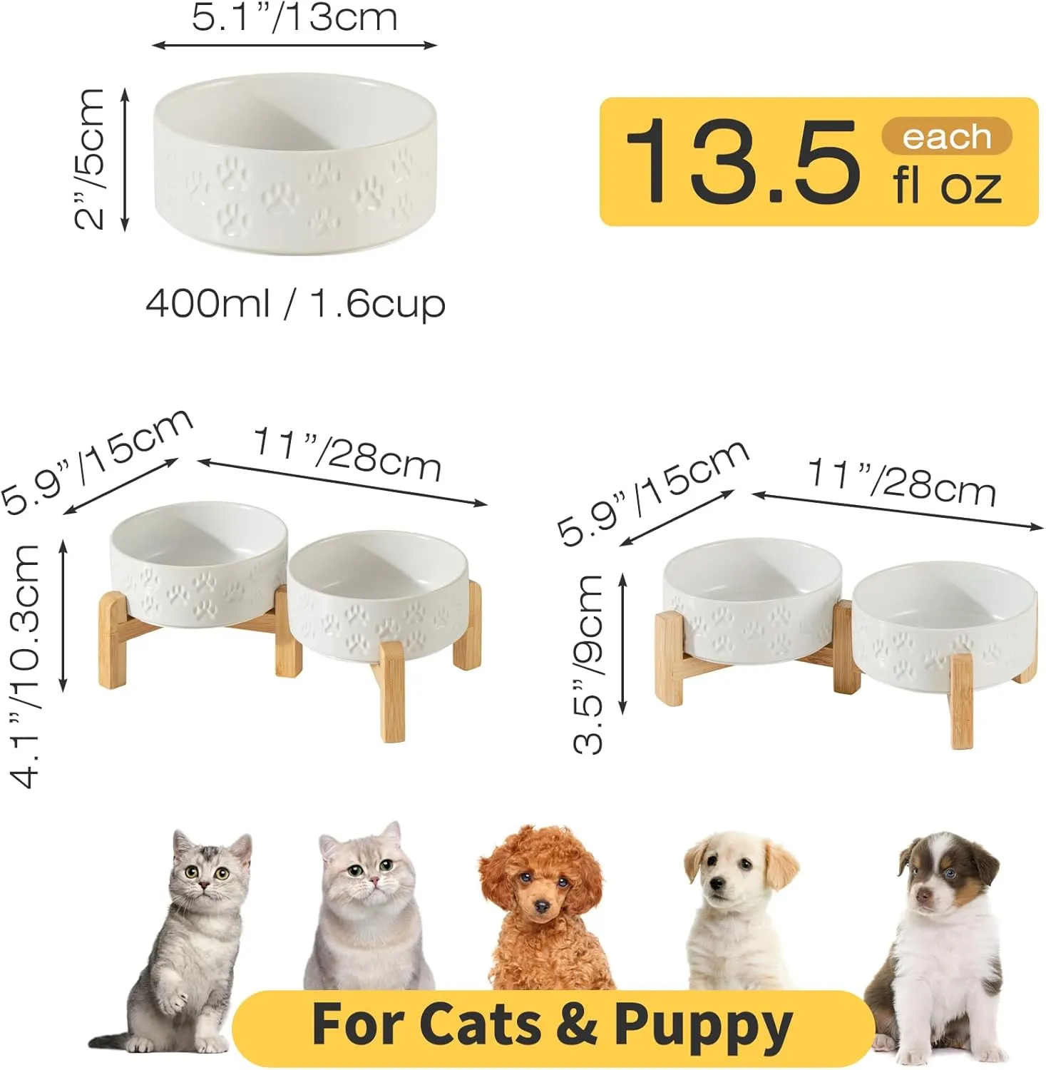 5.1" Raised Ceramic Pet Bowl Set, Two Dog Dishes with 2-Height Adjustable Stand, Elevated Food & Water Bowls for Toy Breed Dogs, Cats, Protects Cervical Spine (Double Bowls   Stand - White, 5.1 inch)
