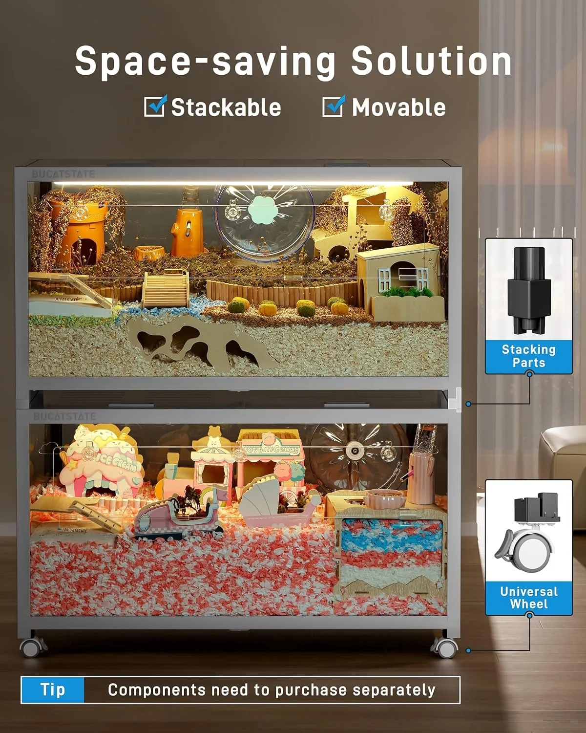 BUCATSTATE Hamster Cage 3.0: Metal Large Rat Cage Stackable with Top Access Easy Assemble 39.3L x 19.7W x 20.6H Inches Dwarf Syrian Hamster Tank for Gerbil Mouse (5.4 ft, White)