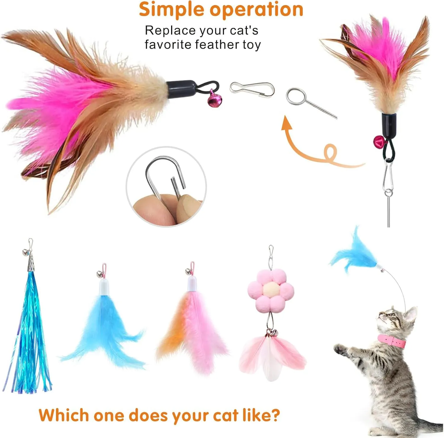Cat Feather Collar Toys 2 Pcs Interactive Toys for Indoor Cats Teasing Wand Collar Funny Toy with Bell and Replaceable 4 Feathers Refills Multiple Ways for Cats to Play(Blue Pink)