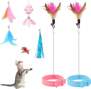 Cat Feather Collar Toys 2 Pcs Interactive Toys for Indoor Cats Teasing Wand Collar Funny Toy with Bell and Replaceable 4 Feathers Refills Multiple Ways for Cats to Play(Blue Pink)