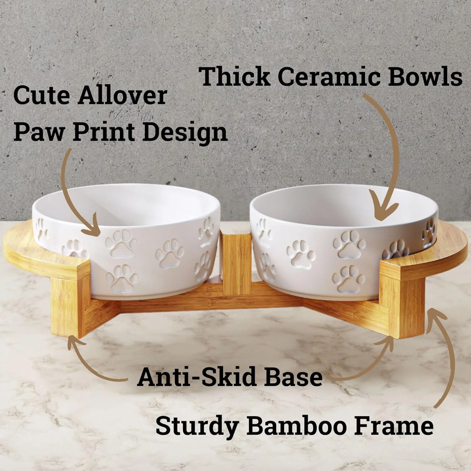 Ceramic Dog Bowls with Stand - Small Dog Bowl Set with Stand Non-Slip - 2 Ceramic Dishes with Anti-Skid Bamboo Stand for Small Dogs - Elevated Dog Bowls Set of 2 - Raised Pet Feeding Station
