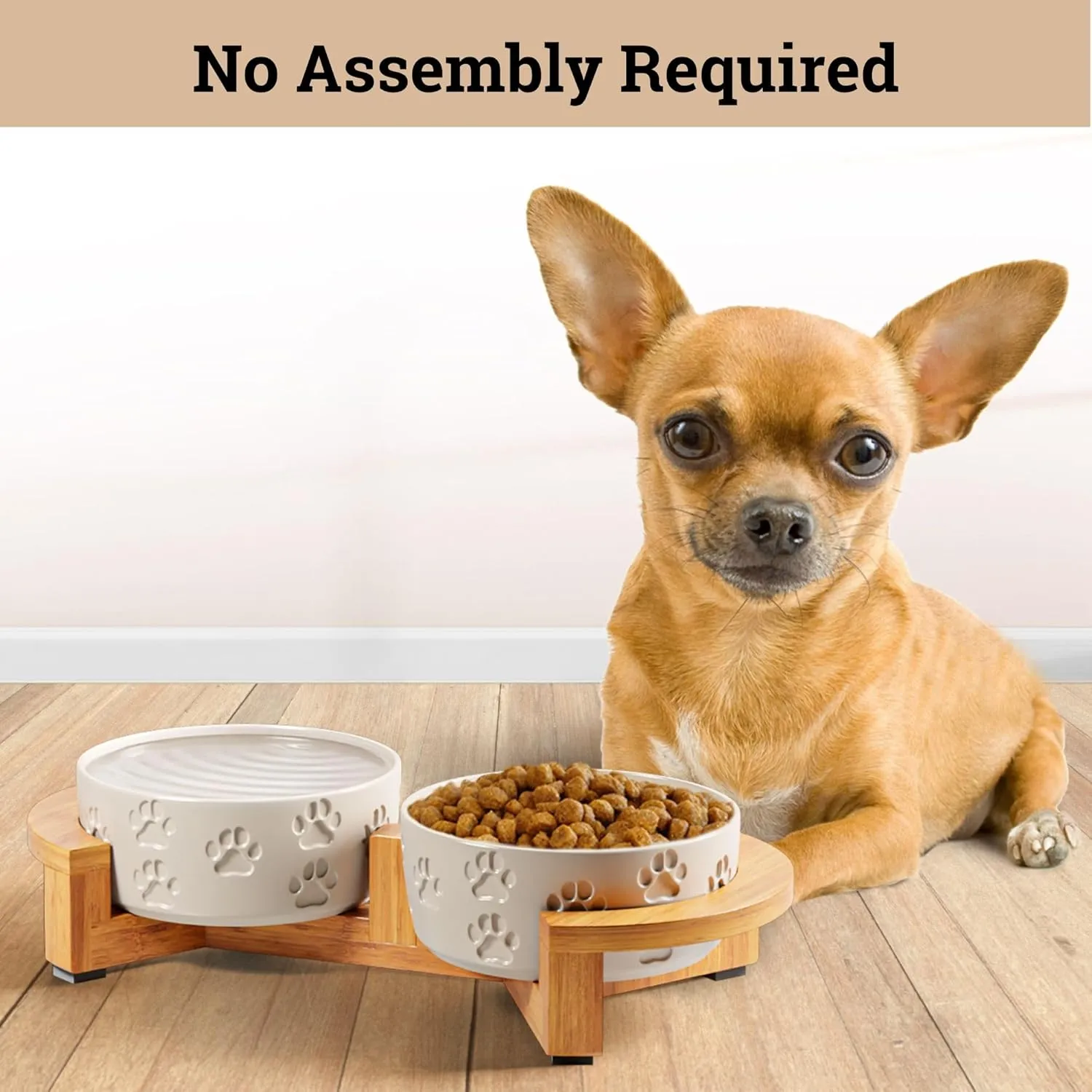 Ceramic Dog Bowls with Stand - Small Dog Bowl Set with Stand Non-Slip - 2 Ceramic Dishes with Anti-Skid Bamboo Stand for Small Dogs - Elevated Dog Bowls Set of 2 - Raised Pet Feeding Station