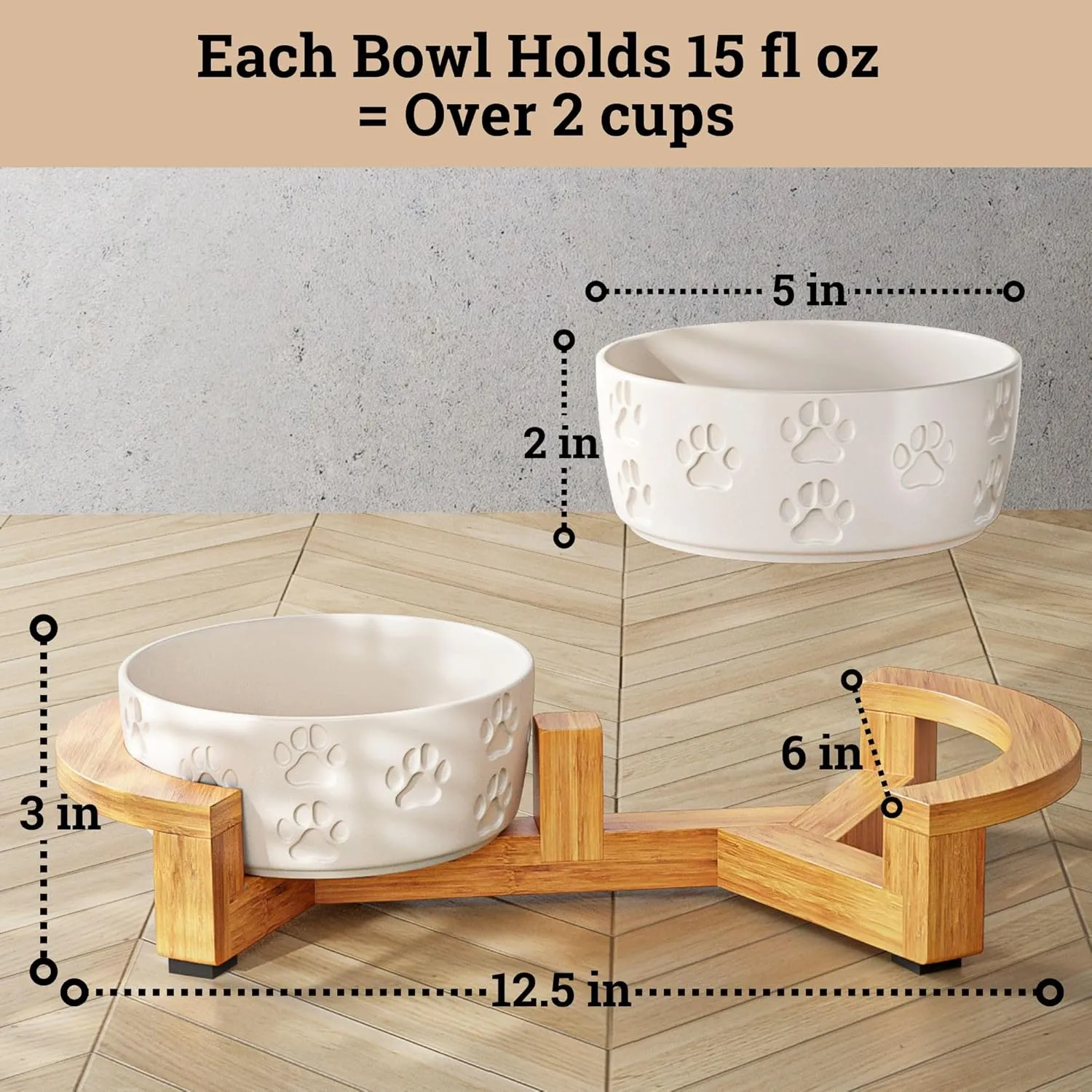 Ceramic Dog Bowls with Stand - Small Dog Bowl Set with Stand Non-Slip - 2 Ceramic Dishes with Anti-Skid Bamboo Stand for Small Dogs - Elevated Dog Bowls Set of 2 - Raised Pet Feeding Station