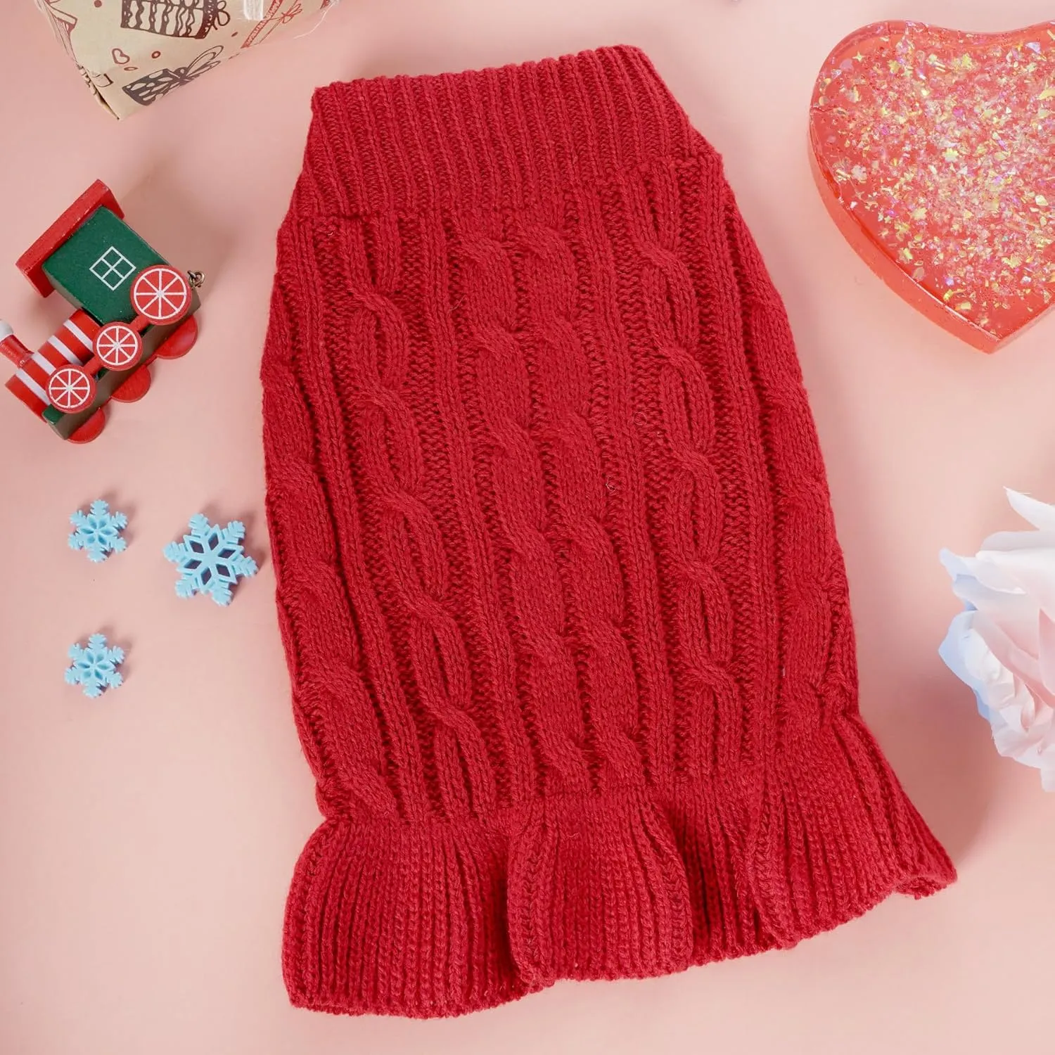 choyaxo Small Dog Sweater Pet Christmas Sweater Dress for Dogs Cat Pet for Winter Christmas Holiday Breathable Ruffle Hem Design (Red, Medium)