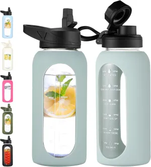 CIVAGO 32 oz Glass Water Bottle with Straw and Handle, Large Sports Motivational Water Bottle Flask with Time Marker and 2 Lids, Leakproof Water Jug Canteen with Silicone Sleeve for Gym,Sage