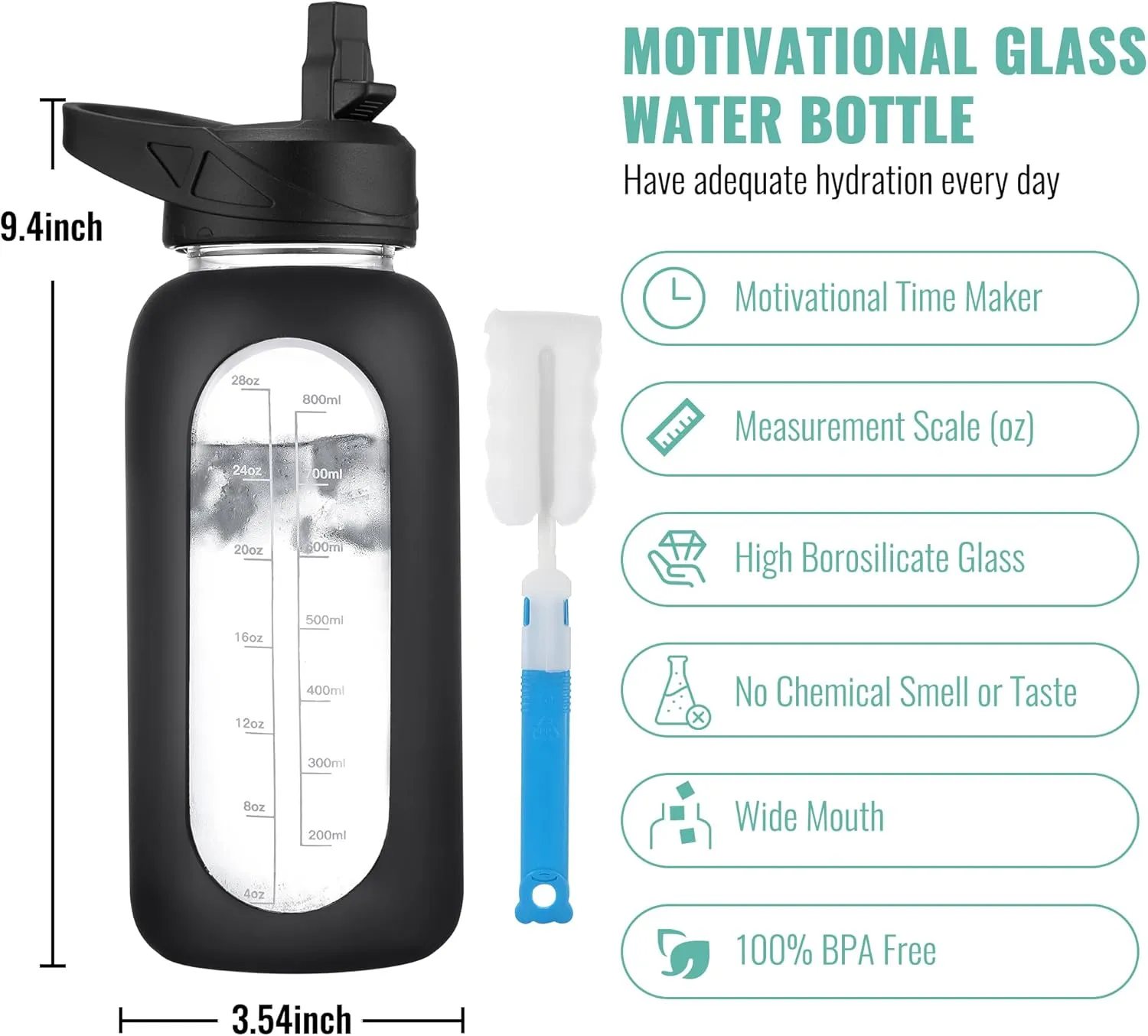 CIVAGO 32 oz Glass Water Bottle with Straw and Handle, Large Sports Motivational Water Bottle Flask with Time Marker and 2 Lids, Leakproof Water Jug Canteen with Silicone Sleeve for Gym,Sage