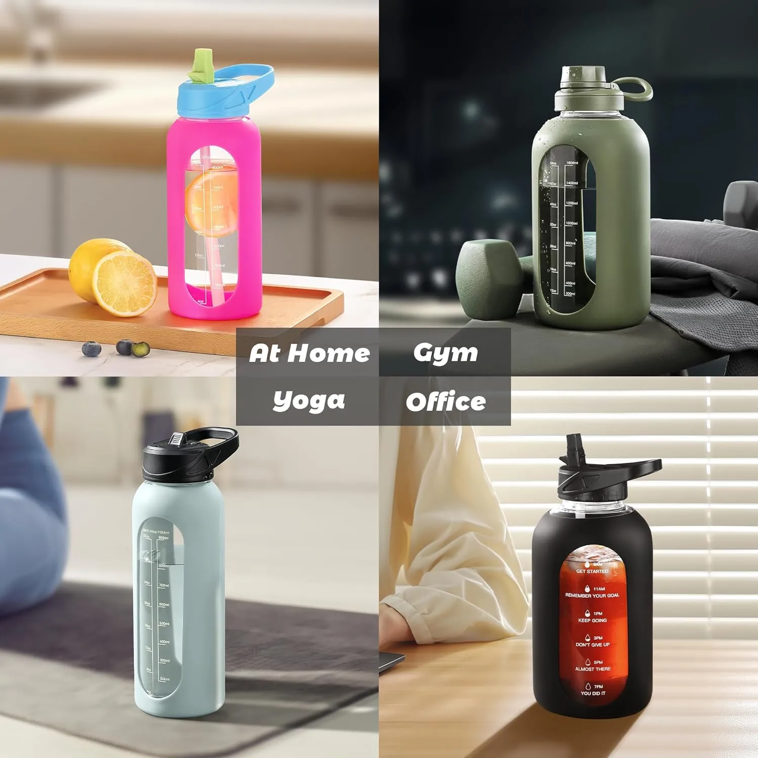 CIVAGO 32 oz Glass Water Bottle with Straw and Handle, Large Sports Motivational Water Bottle Flask with Time Marker and 2 Lids, Leakproof Water Jug Canteen with Silicone Sleeve for Gym,Sage