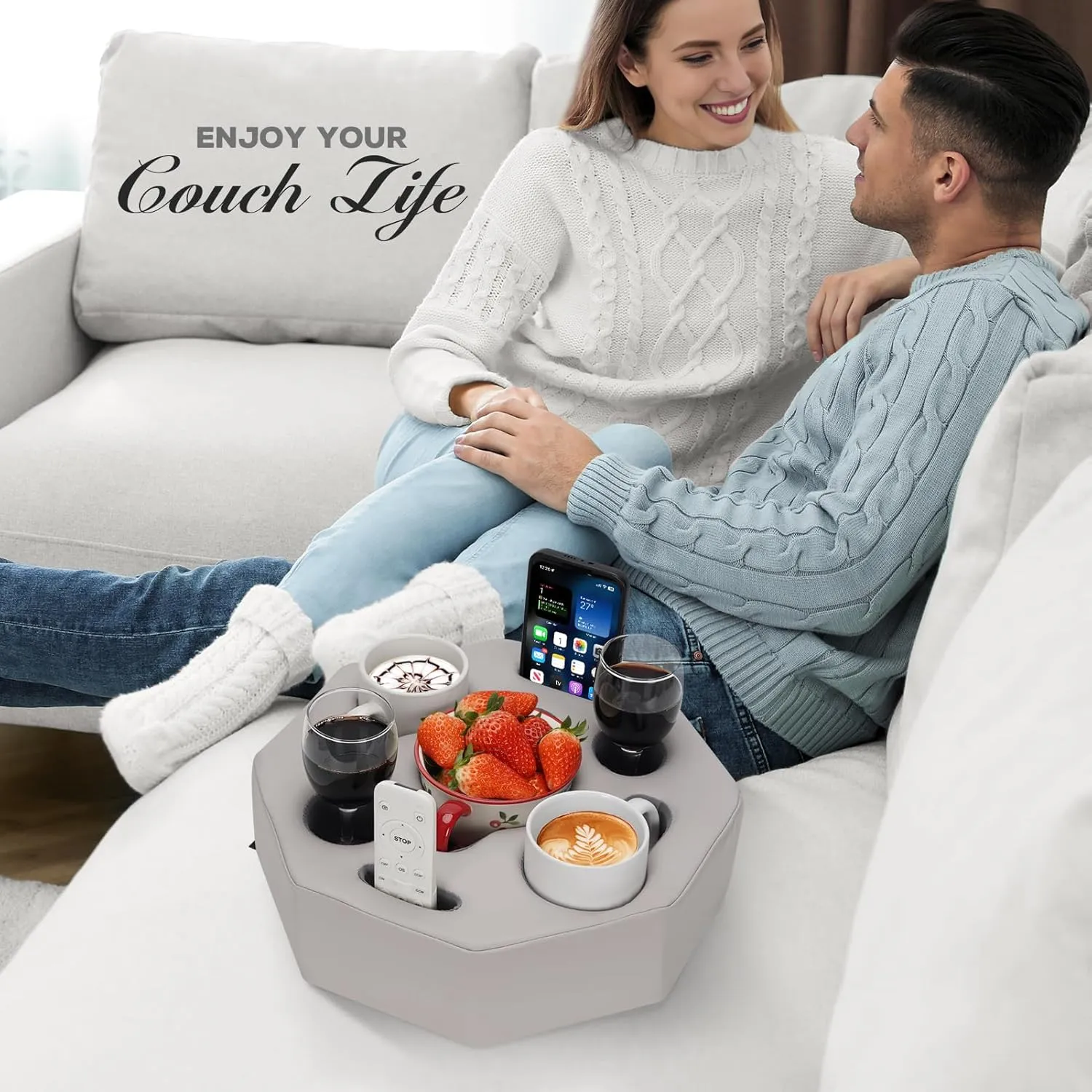 Couch Cup Holder Pillow,Couch Drink Holder,Octagon Couch Caddy for Coffee Cup,Phone,Remote,Couch Cup Holder Tray for Bed,Car,Sofa,Table