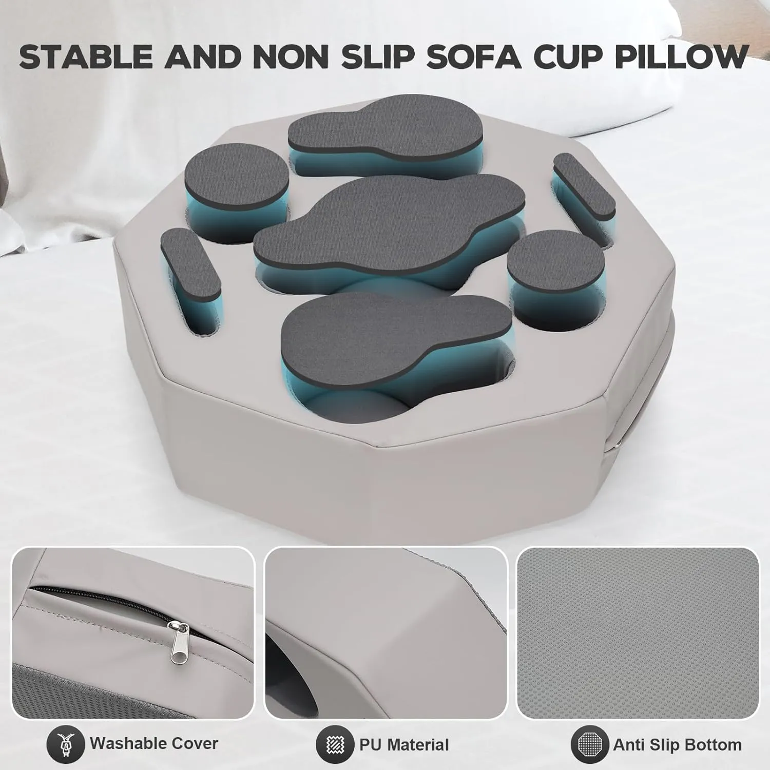 Couch Cup Holder Pillow,Couch Drink Holder,Octagon Couch Caddy for Coffee Cup,Phone,Remote,Couch Cup Holder Tray for Bed,Car,Sofa,Table