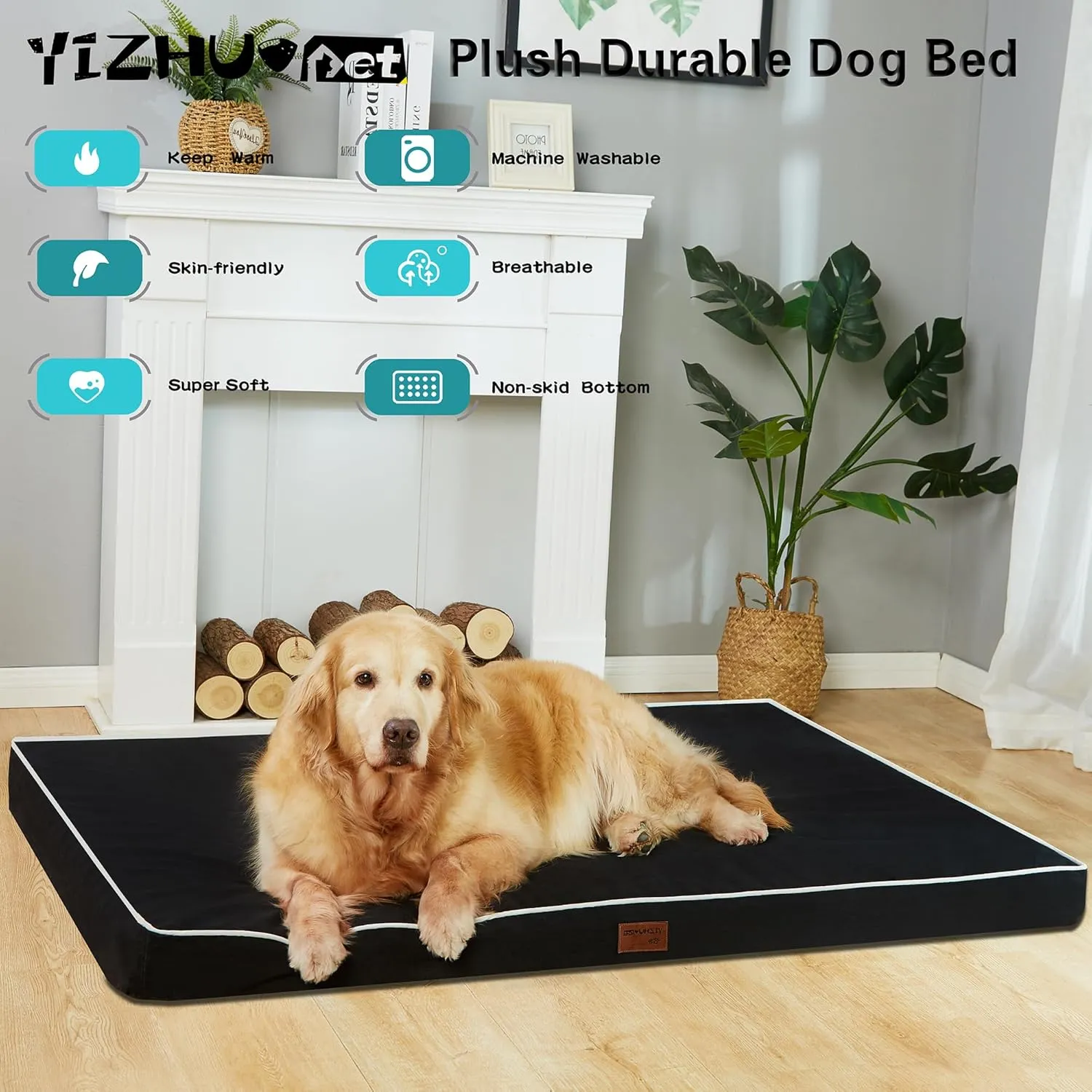 Dog Bed Mats for Big Dogs - Orthopedic Dog Pet Bed Thick Egg Foam Crate, Removable Washable Cover, Non-Slip Bottom Durable Dog Crate Bed Mat (Black, XL(42''x30''x4''))