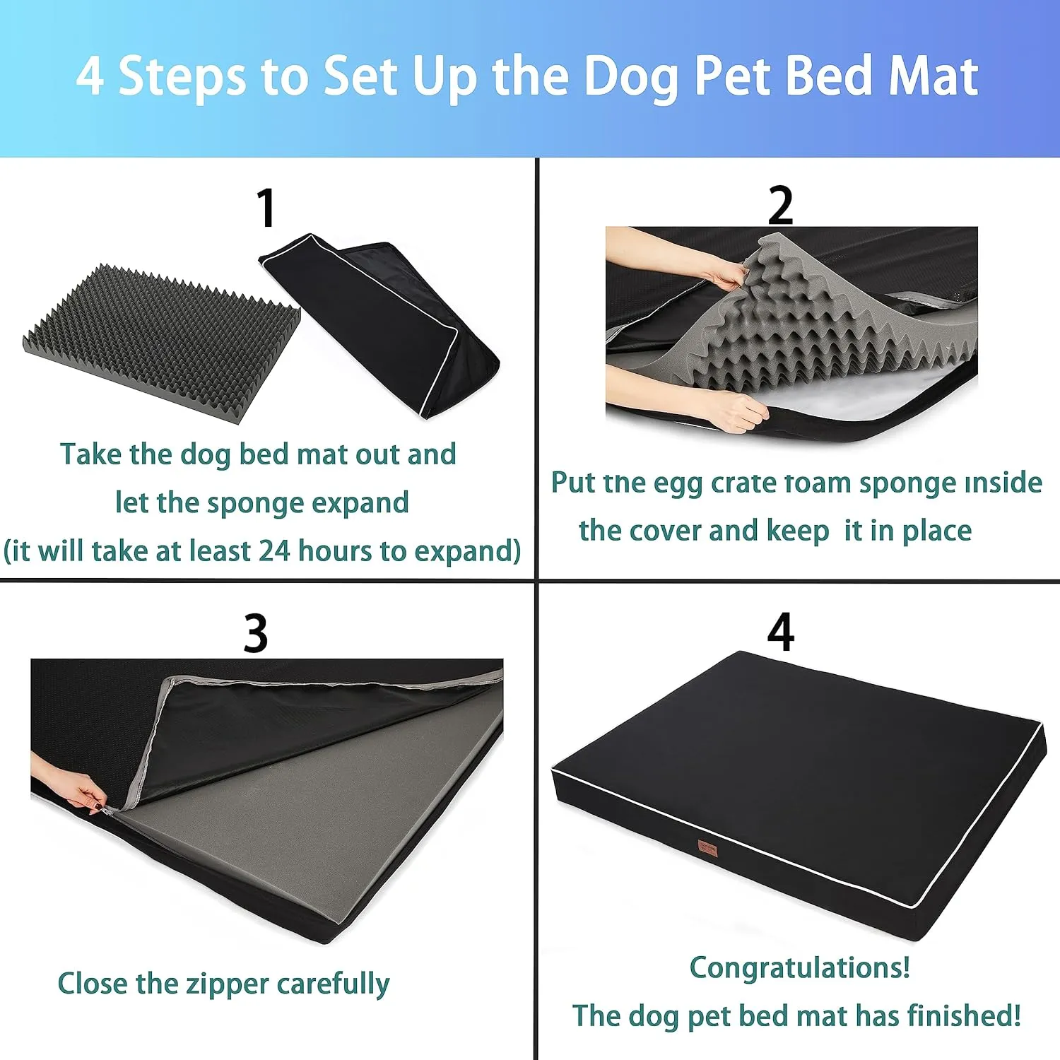Dog Bed Mats for Big Dogs - Orthopedic Dog Pet Bed Thick Egg Foam Crate, Removable Washable Cover, Non-Slip Bottom Durable Dog Crate Bed Mat (Black, XL(42''x30''x4''))