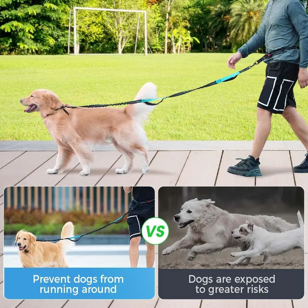 Dog Leash Hands Free with Zipper Pouch, Waist Dog Running Leash with Dual Handles and Bungee, Dogs Leashs Around Waist for Walking Jogging Hiking for Medium and Large Dogs (Silver Gray)