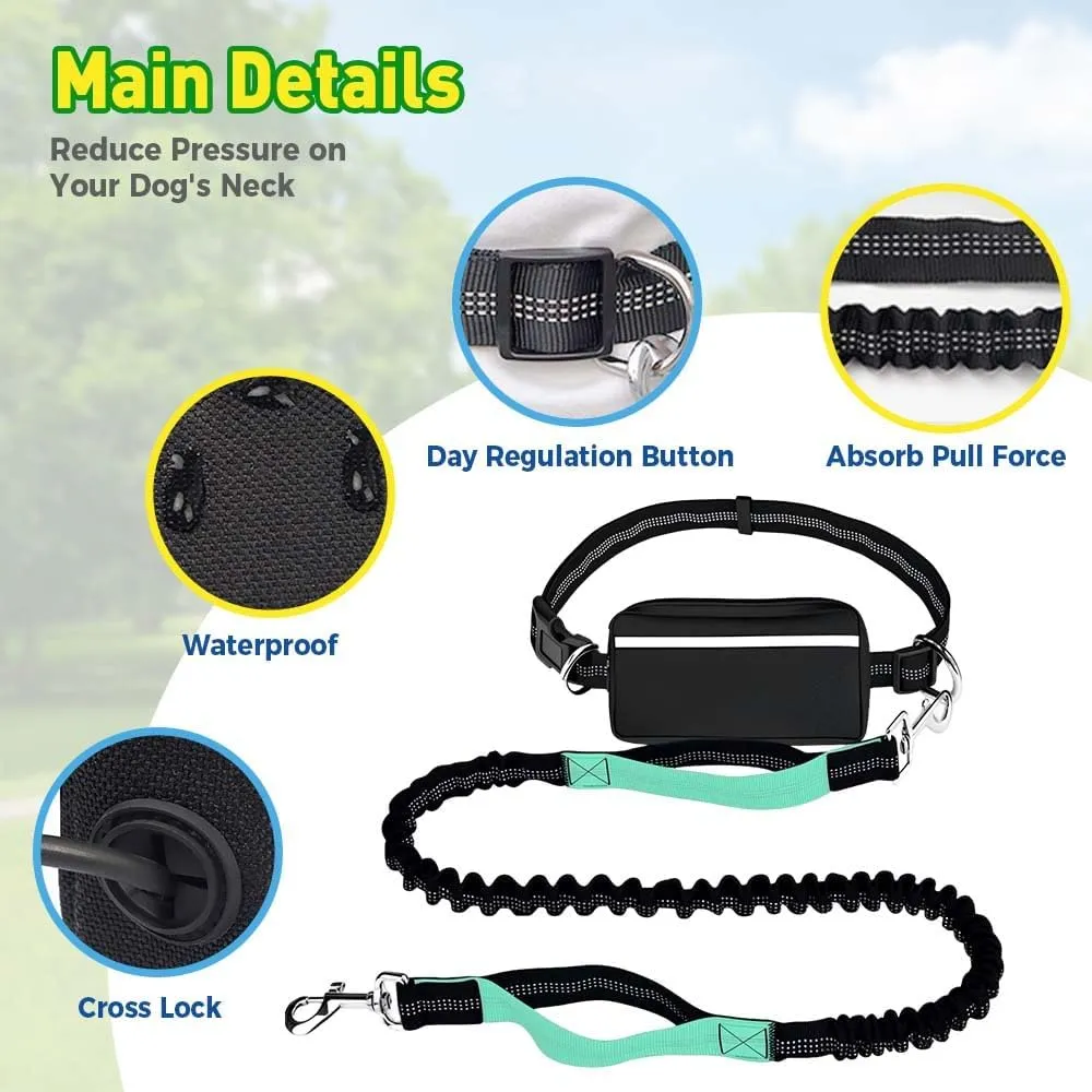 Dog Leash Hands Free with Zipper Pouch, Waist Dog Running Leash with Dual Handles and Bungee, Dogs Leashs Around Waist for Walking Jogging Hiking for Medium and Large Dogs (Silver Gray)