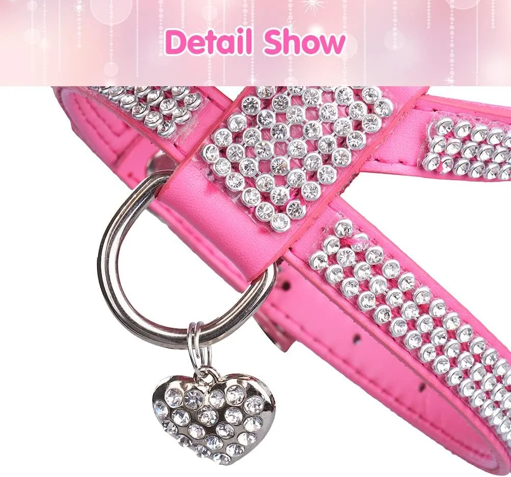 EXPAWLORER Pet Harness-Rhinestone Bling Small Cat Harness with Heart Pendant, Soft Genuine Leather Padded Dog Harness Small Sized Dog for Puppy Cat, Pink