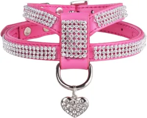 EXPAWLORER Pet Harness-Rhinestone Bling Small Cat Harness with Heart Pendant, Soft Genuine Leather Padded Dog Harness Small Sized Dog for Puppy Cat, Pink
