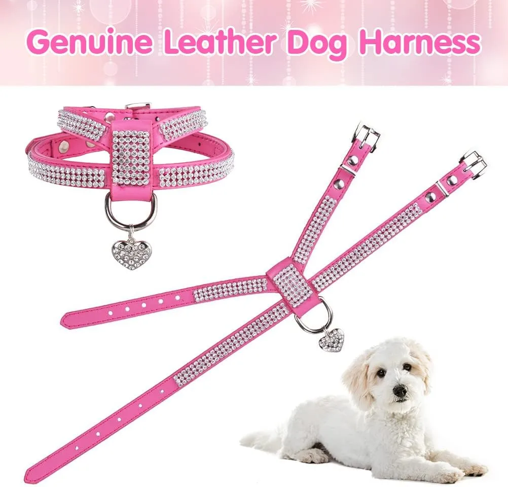EXPAWLORER Pet Harness-Rhinestone Bling Small Cat Harness with Heart Pendant, Soft Genuine Leather Padded Dog Harness Small Sized Dog for Puppy Cat, Pink
