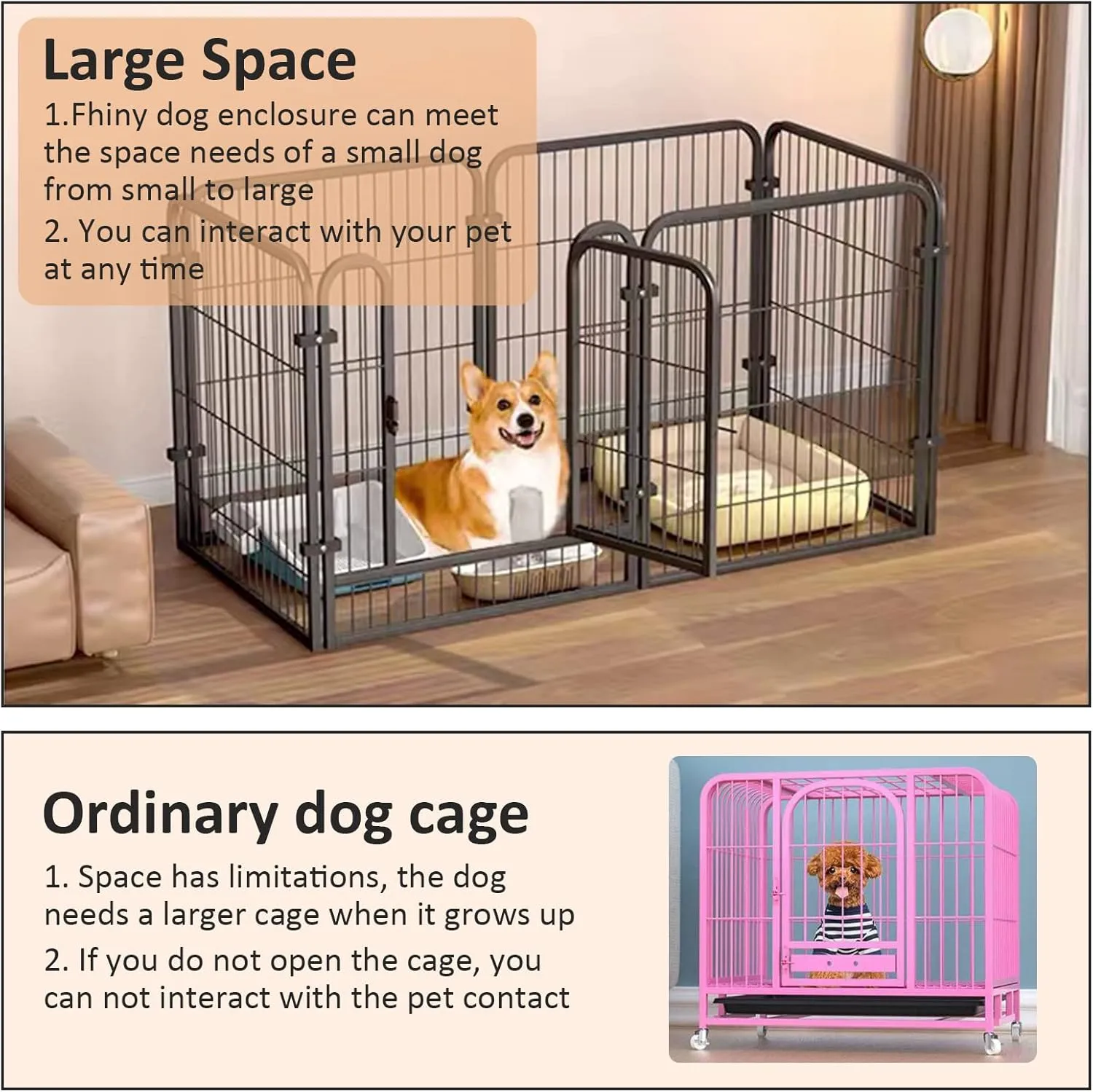 Fhiny Dog Playpen, 6 Panels Indoor Doggy Fence Exercise Pen Portable Puppy Kennel Heavy Duty Metal Enclosure Outdoor Corral Crate Cage for Small Medium Dogs Rabbits Cats