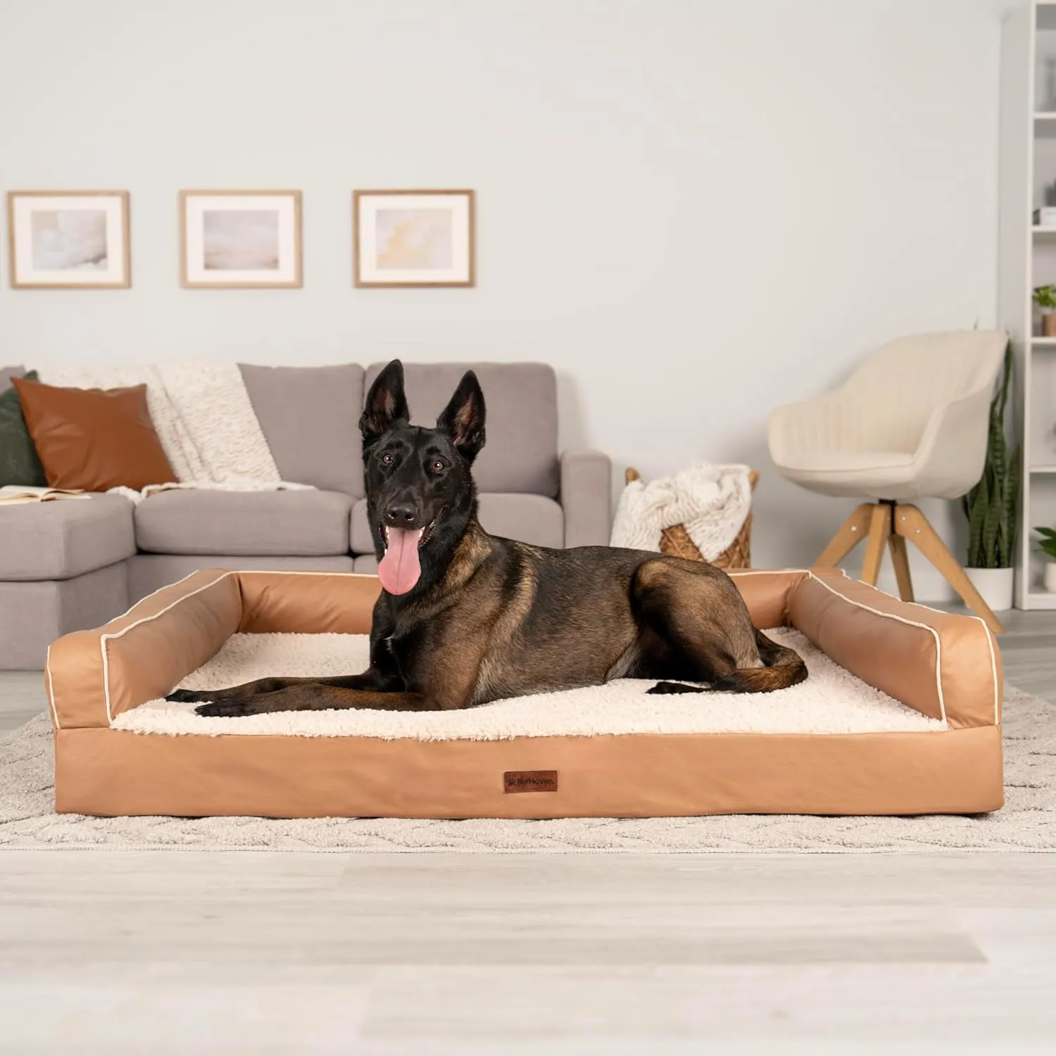 Furhaven Cooling Dog Sofa Bed  Memory Foam Couch with Bolsters, Textured Plush & Water-Resistant Cover, Washable Cover - Camel, Jumbo Plus