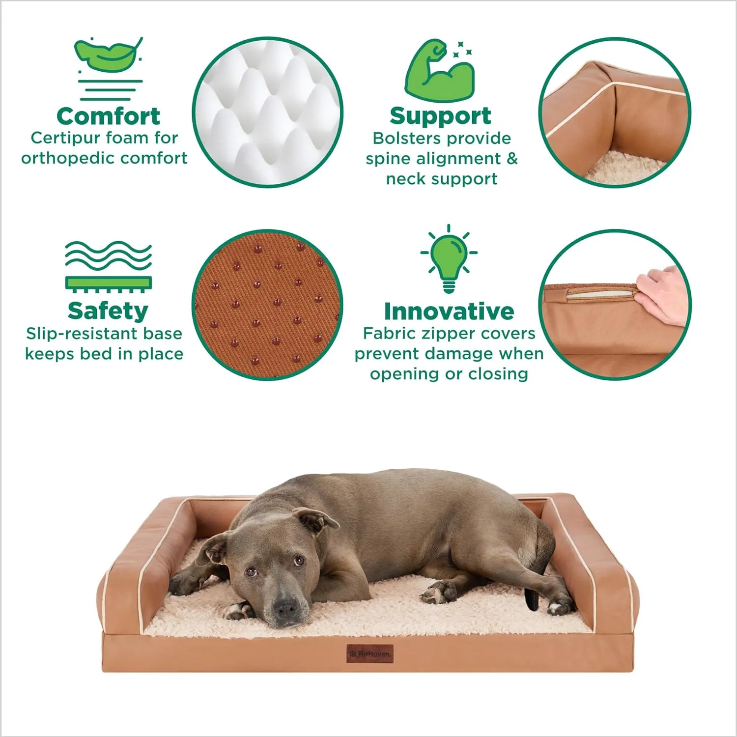 Furhaven Cooling Dog Sofa Bed  Memory Foam Couch with Bolsters, Textured Plush & Water-Resistant Cover, Washable Cover - Camel, Jumbo Plus