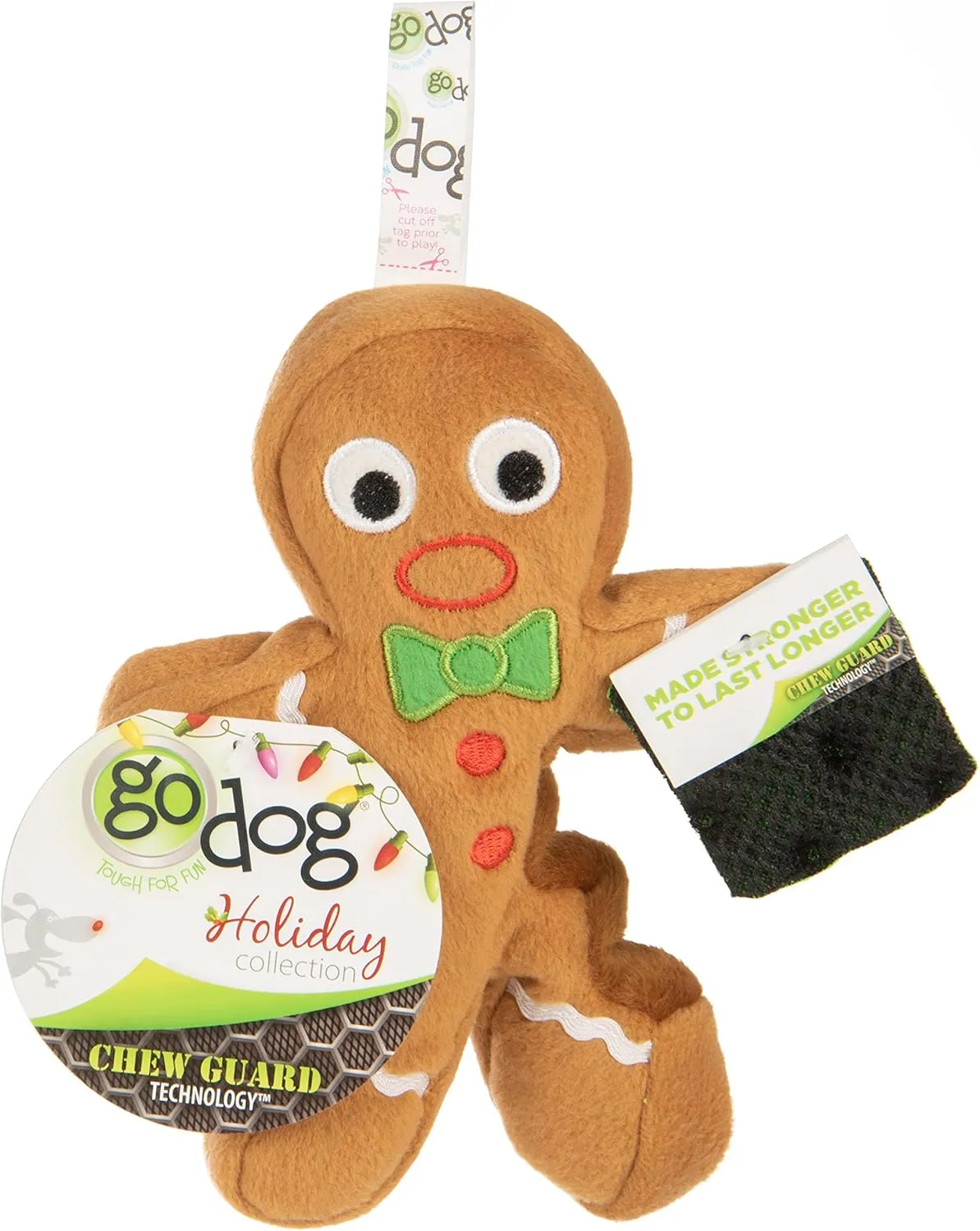 goDog Christmas Gingerbread Man Squeaky Plush Dog Toy, Chew Guard Technology - Brown, Large