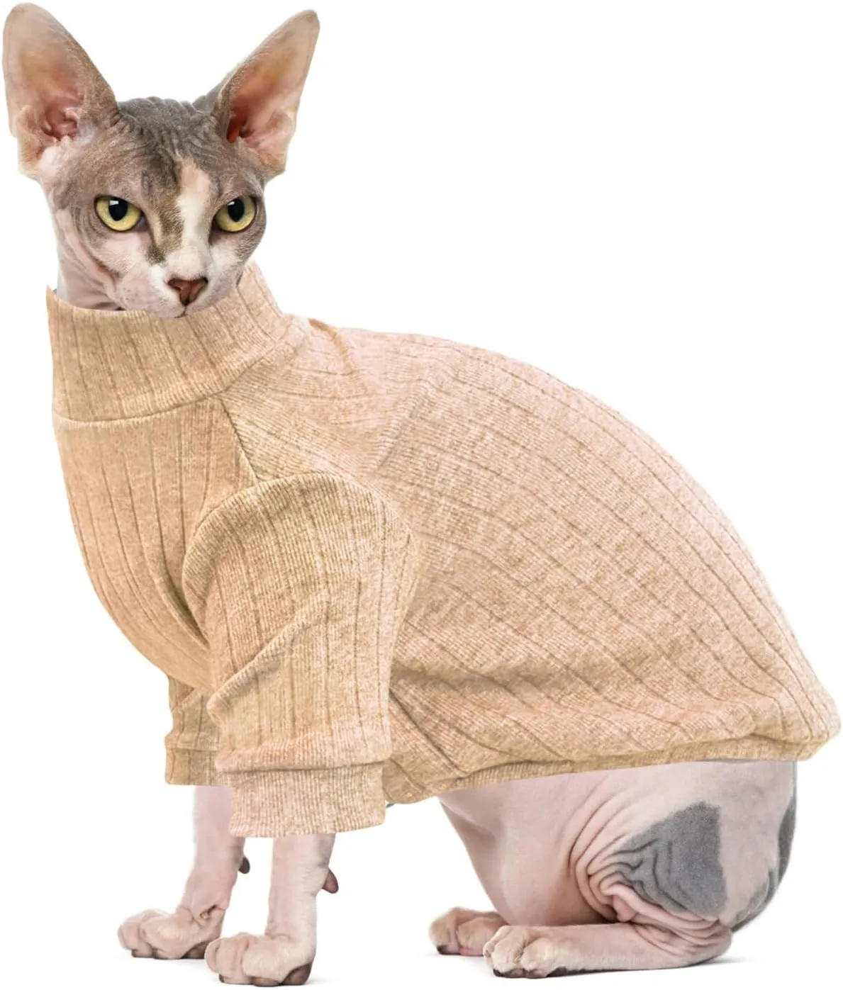 Idepet Sphynx Hairless Cats Sweater Shirt Kitten Soft Puppy Clothes Pullover Cute Cat Pajamas Jumpsuit Cotton Apparel Pet Winter Turtleneck for Cats and Teacup Chihuahua Small Dogs(Apricot,XS)