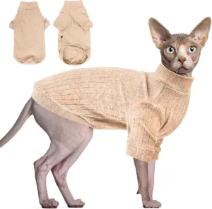 Idepet Sphynx Hairless Cats Sweater Shirt Kitten Soft Puppy Clothes Pullover Cute Cat Pajamas Jumpsuit Cotton Apparel Pet Winter Turtleneck for Cats and Teacup Chihuahua Small Dogs(Apricot,XS)