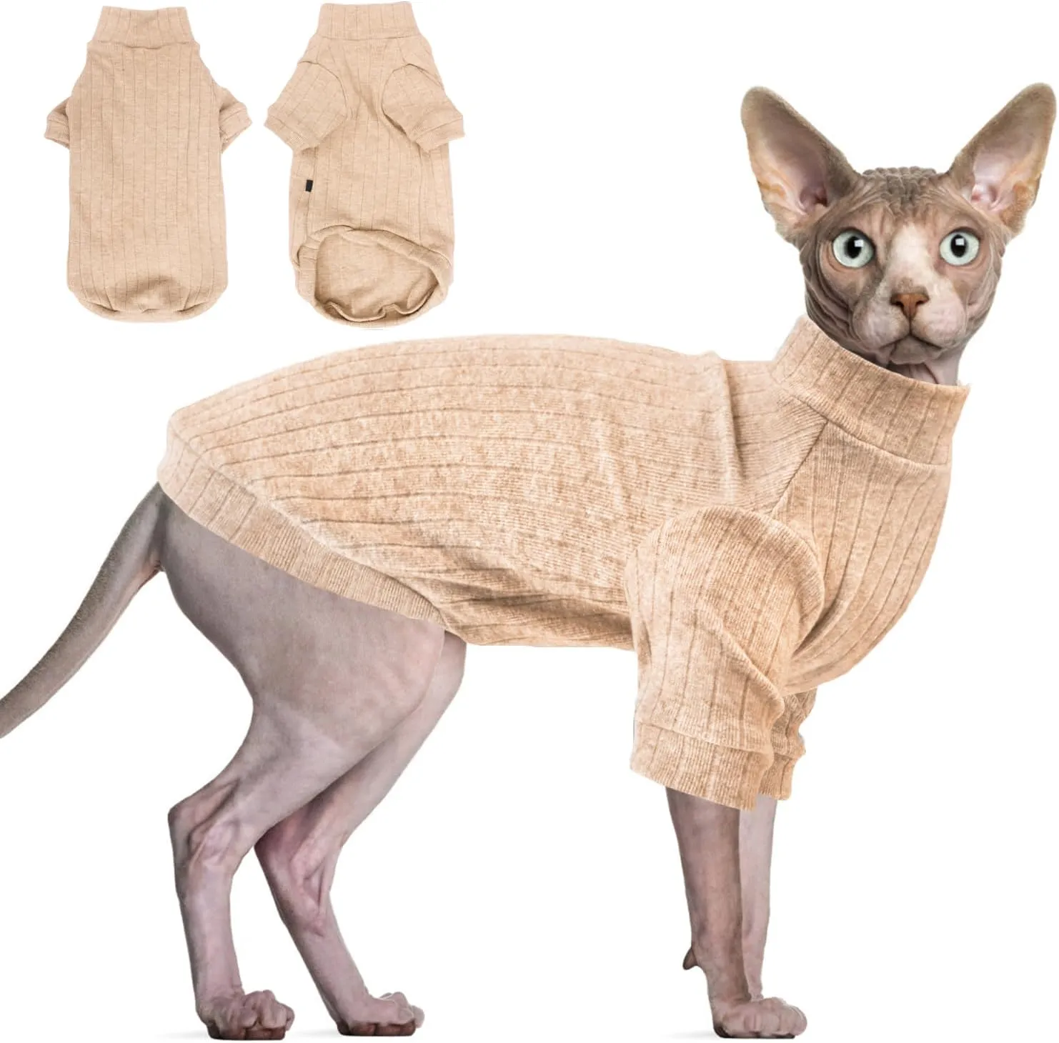 Idepet Sphynx Hairless Cats Sweater Shirt Kitten Soft Puppy Clothes Pullover Cute Cat Pajamas Jumpsuit Cotton Apparel Pet Winter Turtleneck for Cats and Teacup Chihuahua Small Dogs(Apricot,XS)