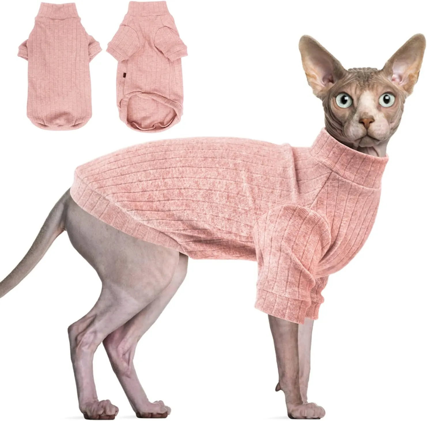 Idepet Sphynx Hairless Cats Sweater Shirt Kitten Soft Puppy Clothes Pullover Cute Cat Pajamas Jumpsuit Cotton Apparel Pet Winter Turtleneck for Cats and Teacup Chihuahua(2 Pack-Blue&Pink,L)