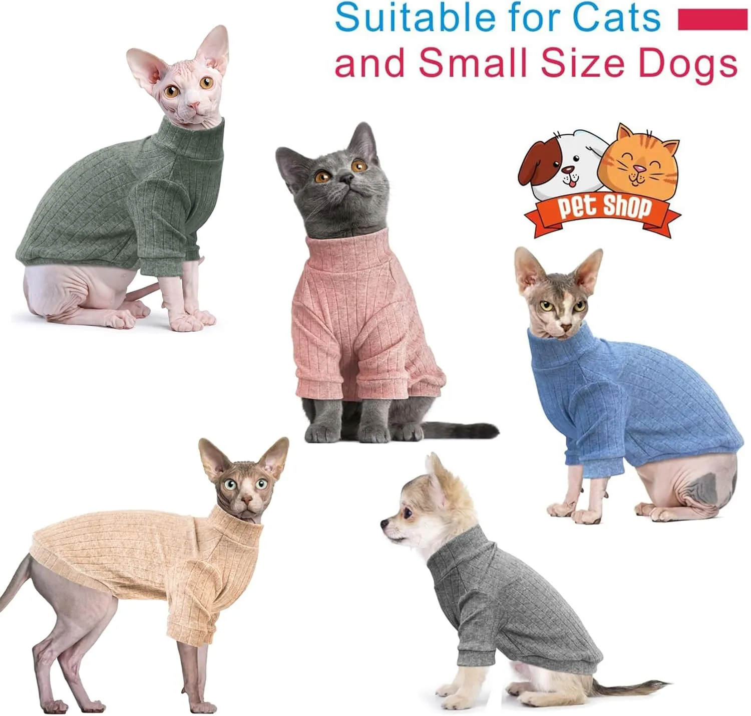 Idepet Sphynx Hairless Cats Sweater Shirt Kitten Soft Puppy Clothes Pullover Cute Cat Pajamas Jumpsuit Cotton Apparel Pet Winter Turtleneck for Cats and Teacup Chihuahua(2 Pack-Blue&Pink,L)