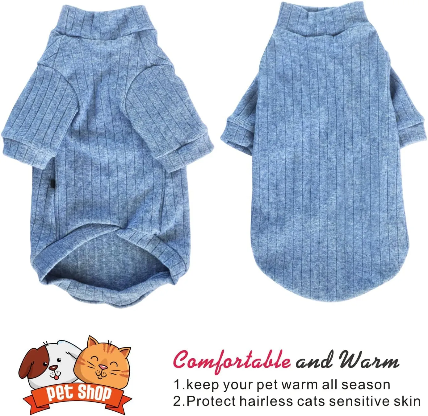 Idepet Sphynx Hairless Cats Sweater Shirt Kitten Soft Puppy Clothes Pullover Cute Cat Pajamas Jumpsuit Cotton Apparel Pet Winter Turtleneck for Cats and Teacup Chihuahua(2 Pack-Blue&Pink,L)