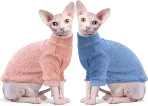 Idepet Sphynx Hairless Cats Sweater Shirt Kitten Soft Puppy Clothes Pullover Cute Cat Pajamas Jumpsuit Cotton Apparel Pet Winter Turtleneck for Cats and Teacup Chihuahua(2 Pack-Blue&Pink,L)