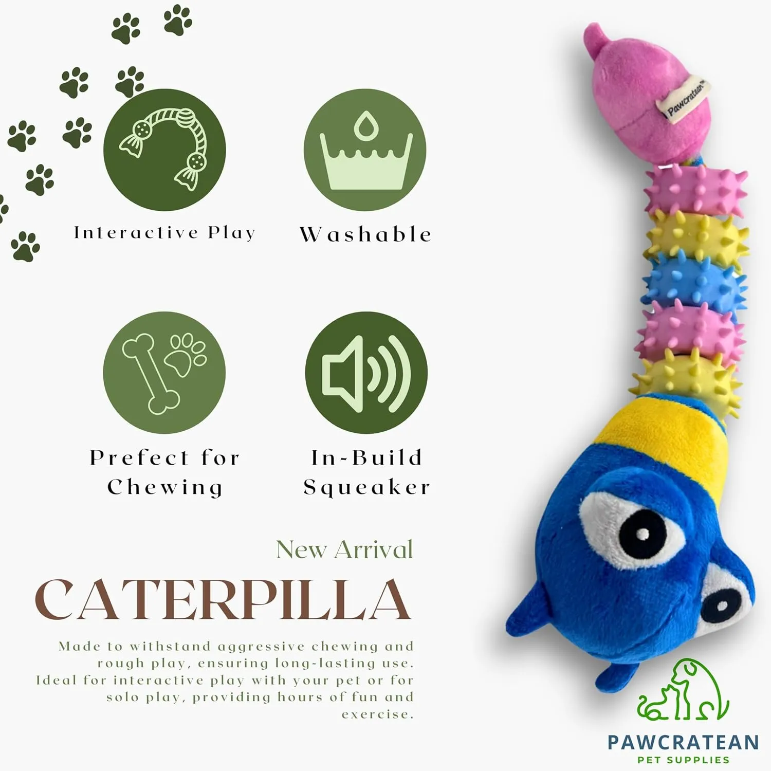 Interactive Plush and Rubber Dog Chew Toy Squeaky Durable Teeth Cleaning for Medium and Large Aggressive Chewers (Caterpilla, O/S)