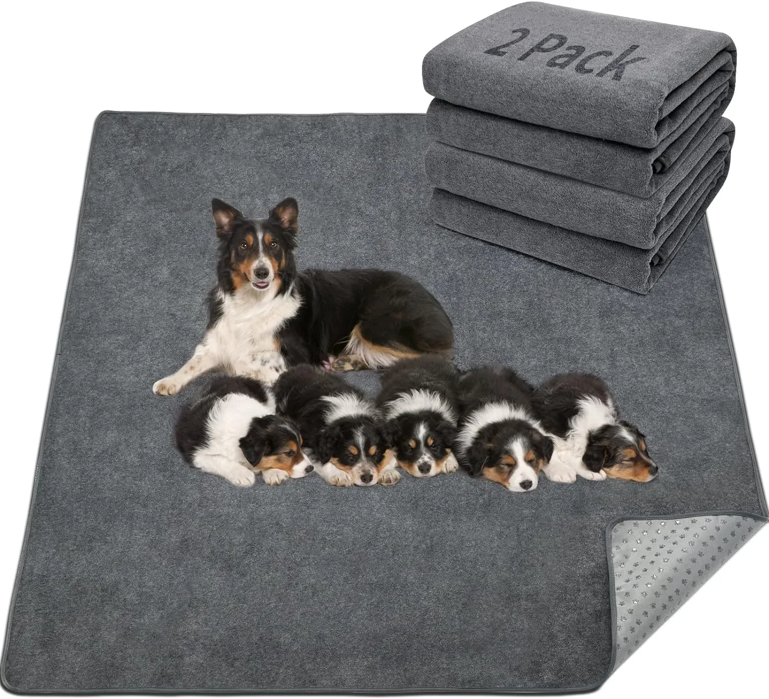 LOOBANI 2 Packs Extra Large Reusable Dog Mat for Floor, Non-Slip Washable Pee Pads for Dogs, Fast Absorbent Pet Whelping Pads, Puppy Playpen Mat for Incontinence, Housebreak, Crate, 72x72in,Gray