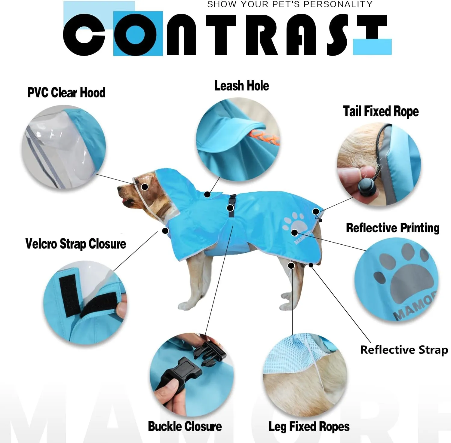 MAMORE Dog Raincoat Hooded Rain Jacket for Small Medium Large Dogs Slicker Poncho Bottom Waterproof Adjustable Reflective Breathable Leash Hole (Blue, Medium)