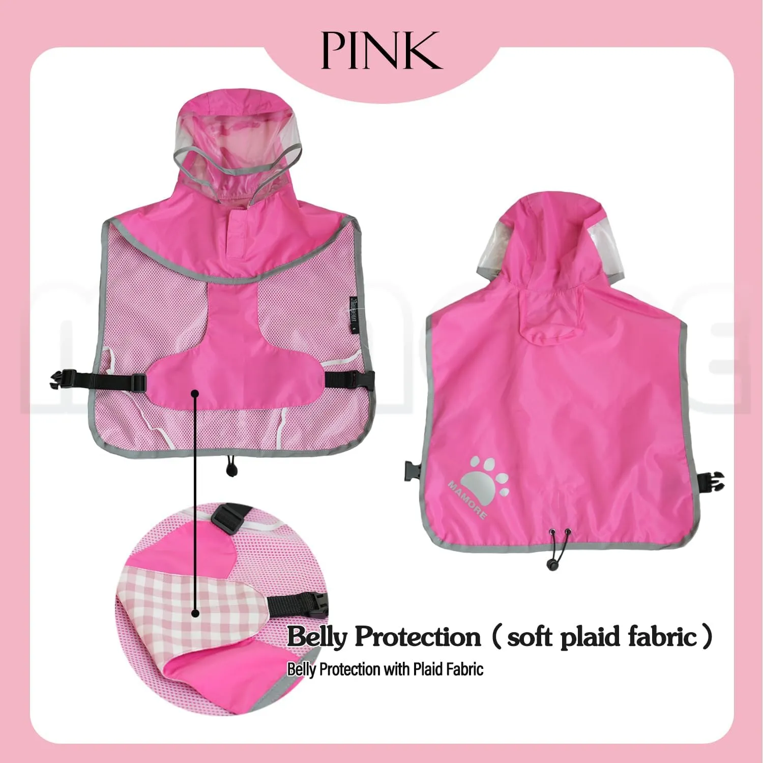 MAMORE Dog Raincoat Hooded Rain Jacket for Small Medium Large Dogs Slicker Poncho Bottom Waterproof Adjustable Reflective Breathable Leash Hole (Pink, Medium)