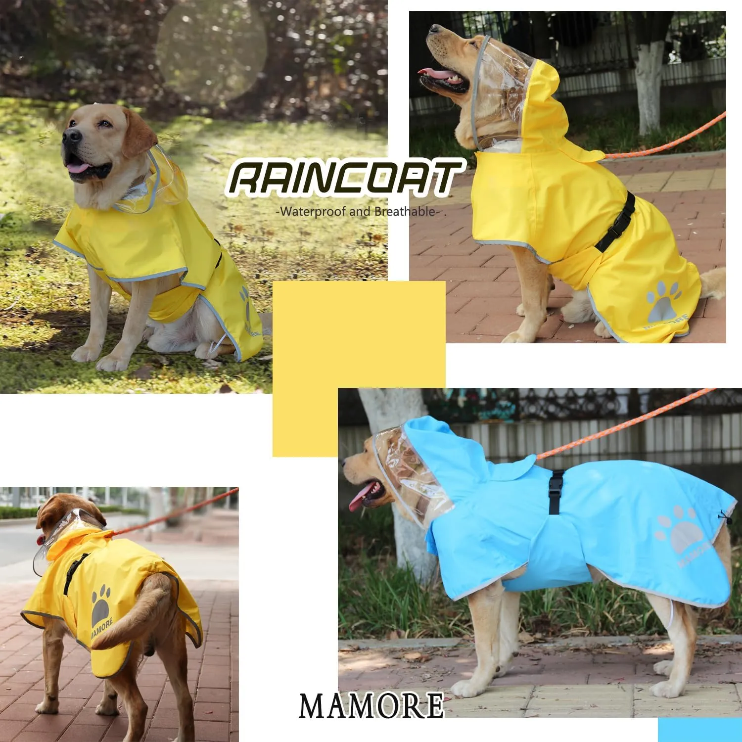 MAMORE Dog Raincoat Hooded Rain Jacket for Small Medium Large Dogs Slicker Poncho Bottom Waterproof Adjustable Reflective Breathable Leash Hole (Pink, Medium)