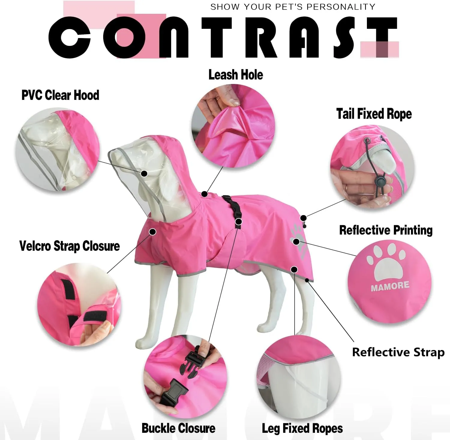 MAMORE Dog Raincoat Hooded Rain Jacket for Small Medium Large Dogs Slicker Poncho Bottom Waterproof Adjustable Reflective Breathable Leash Hole (Pink, Medium)