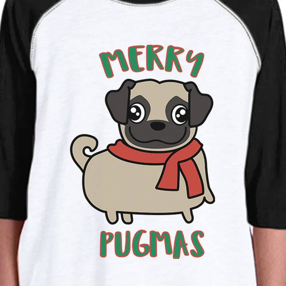 Merry Pugmas Pug Kids Black And White Baseball Shirt