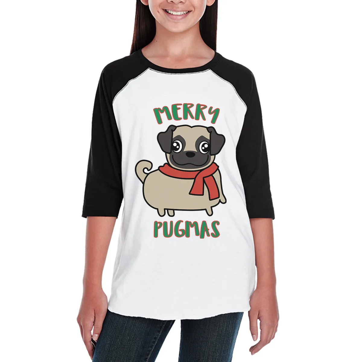 Merry Pugmas Pug Kids Black And White Baseball Shirt